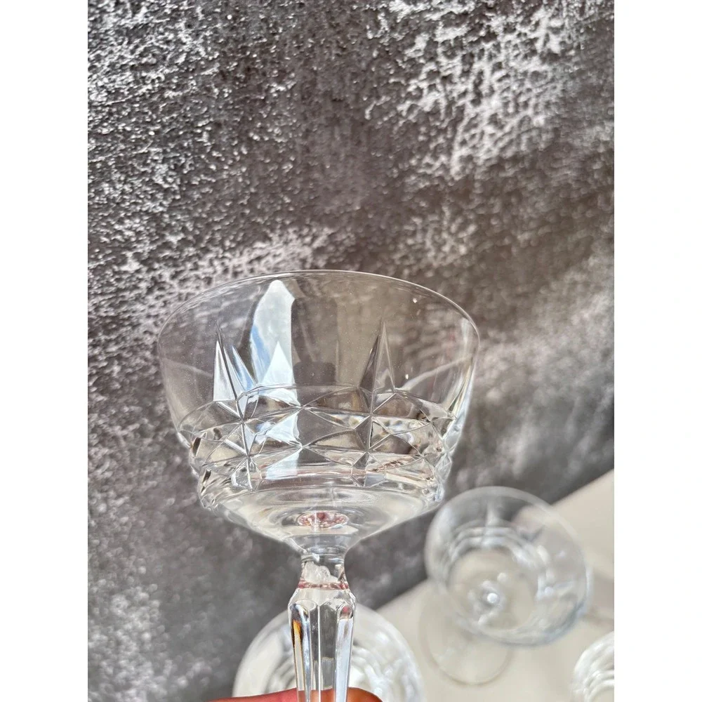 Vintage Crystal Champagne Coupe Glasses Set‎ of 4 Diamond Cut Pedestal Stemware